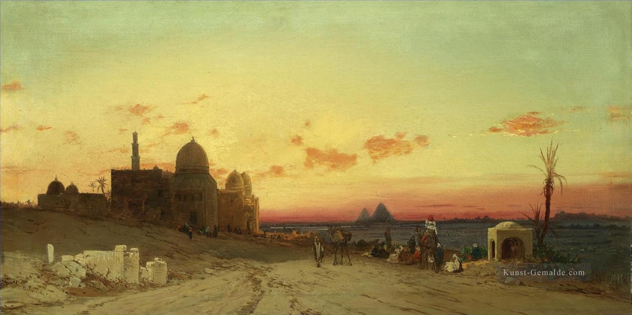 Blick auf das Grab der Kalifen mit den Pyramiden von Gizeh jenseits von Kairo Hermann David Salomon Corrodi orientalische Landschaft Ölgemälde